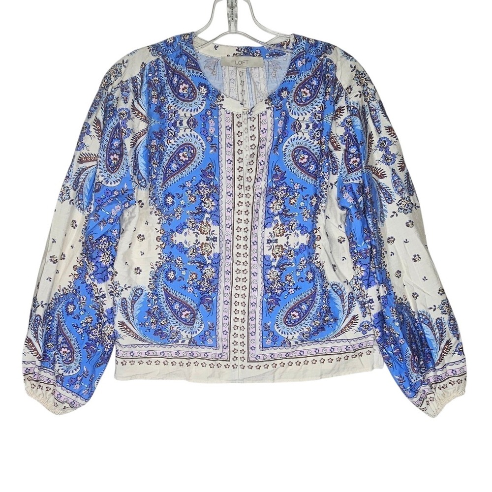 Loft Blouse XS Blue Paisley Long Sleeve Boho Peasant Top